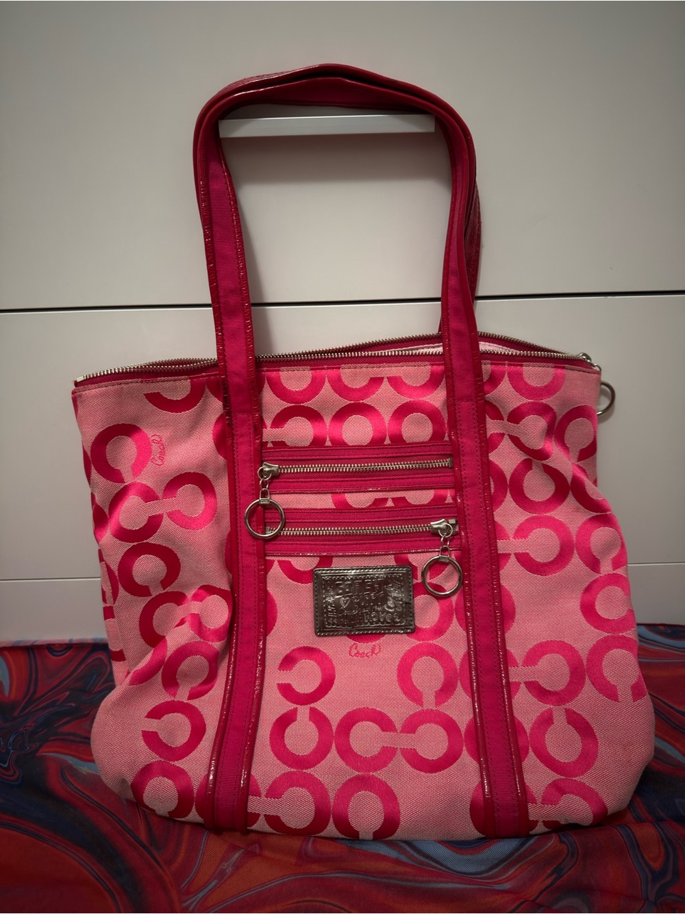 Vintage Coach Poppy Hot Pink Signature Cinch Tote Bag